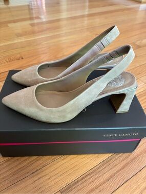 Vince Camuto Taupe Suede Pointed Slingback Block Heels